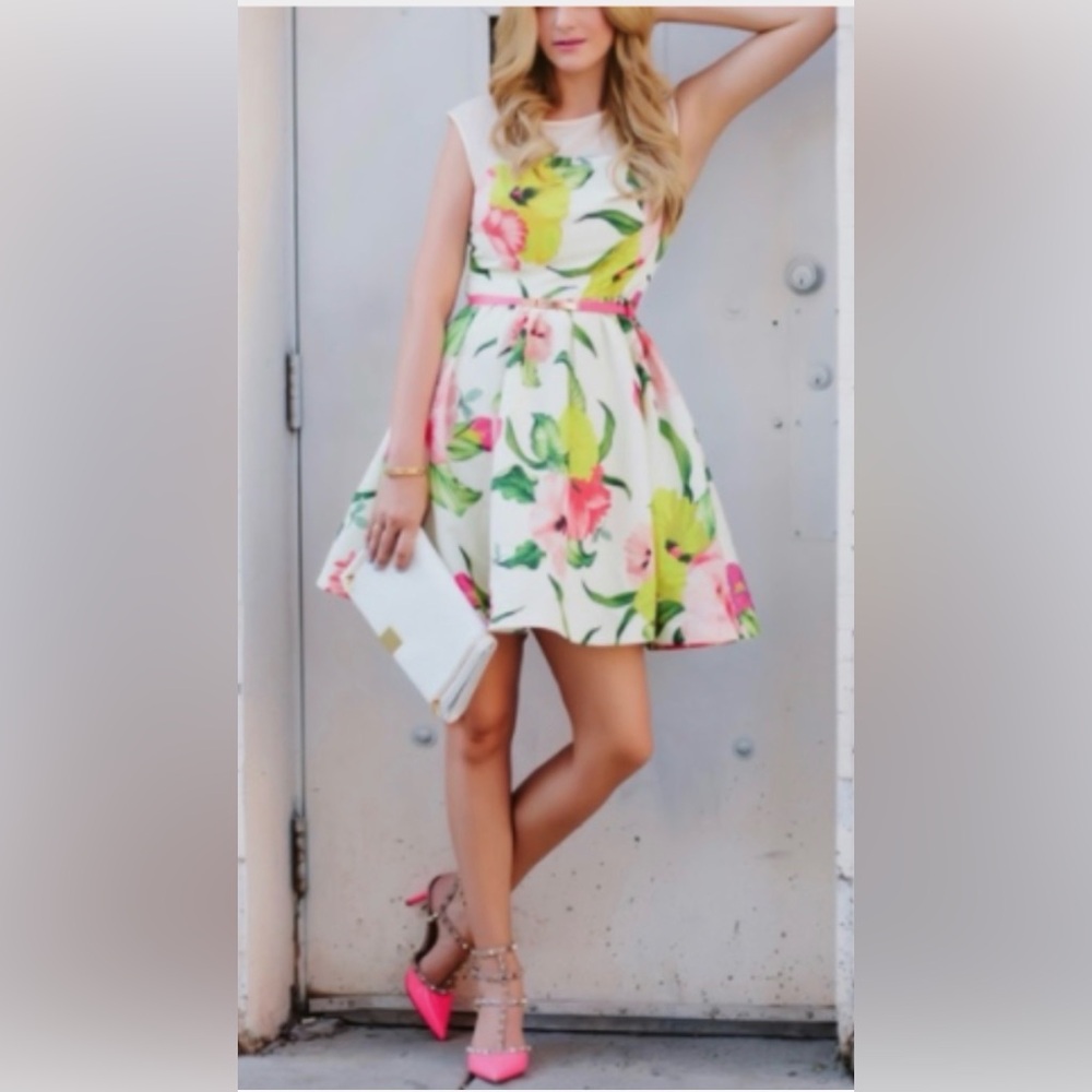 Ted Baker “Iberis Flowers at High Tea” illusion mesh fitnflare TBsz2~US4 w/Belt
